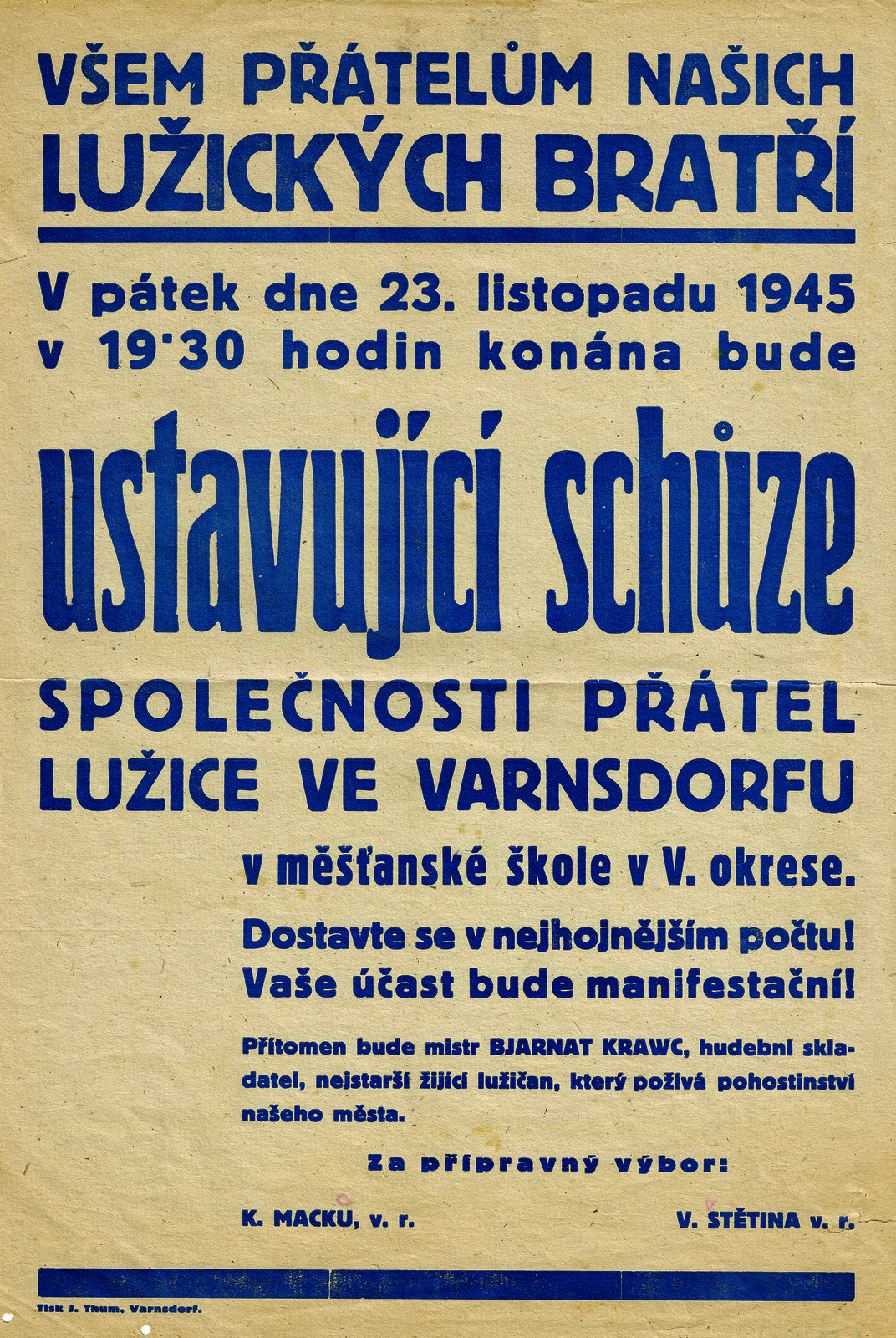 Výzva k založení Společnosti přátel Lužice ve Varnsdorfu, 1945 (zdroj: Muzeum Varnsdorf)