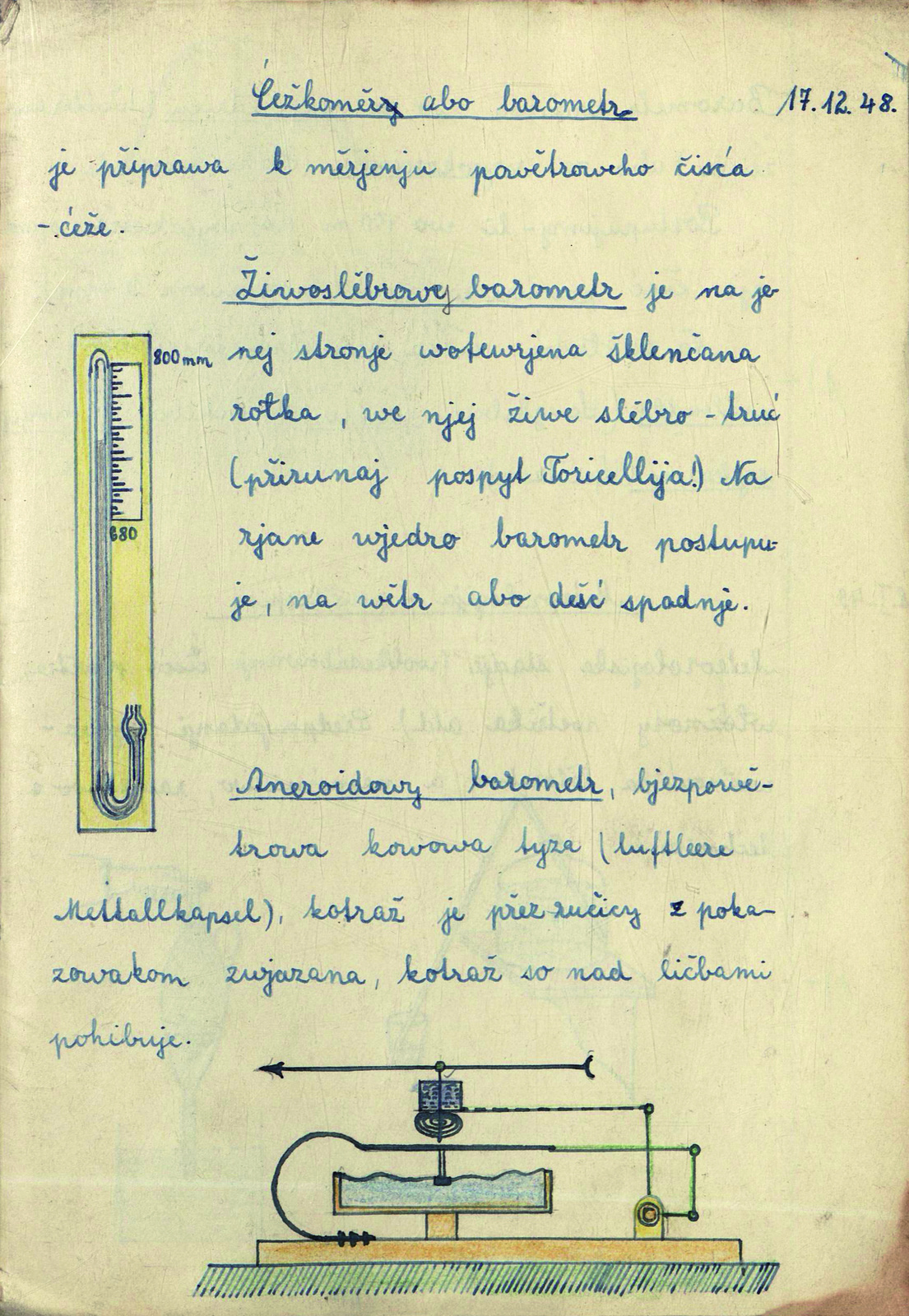 Důležitým cílem výuky bylo zprostředkování vysoké úrovně hornolužické srbštiny. Zápisky z vyučování, například fyzika, 1948. (zdroj: Serbski kulturny archiw, Budyšin/​Sorbisches Kulturarchiv, Bautzen)