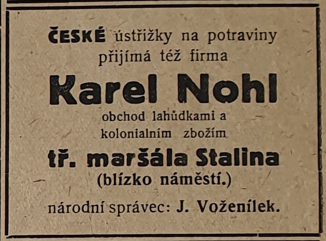 Reklama na potraviny z novin Svobodný Varnsdorf, 13.7.1945. (zdroj: Muzeum Varnsdorf)